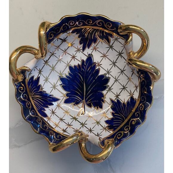 Vintage Blue White and Gold Porcelain China Floral Candy Dish - Picture 3 of 9